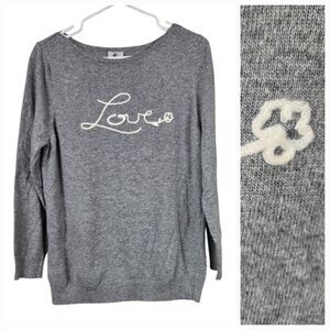Nordstrom Rain & Rose LOVE Sweater Gray Angora Crochet Script Applique Winter L